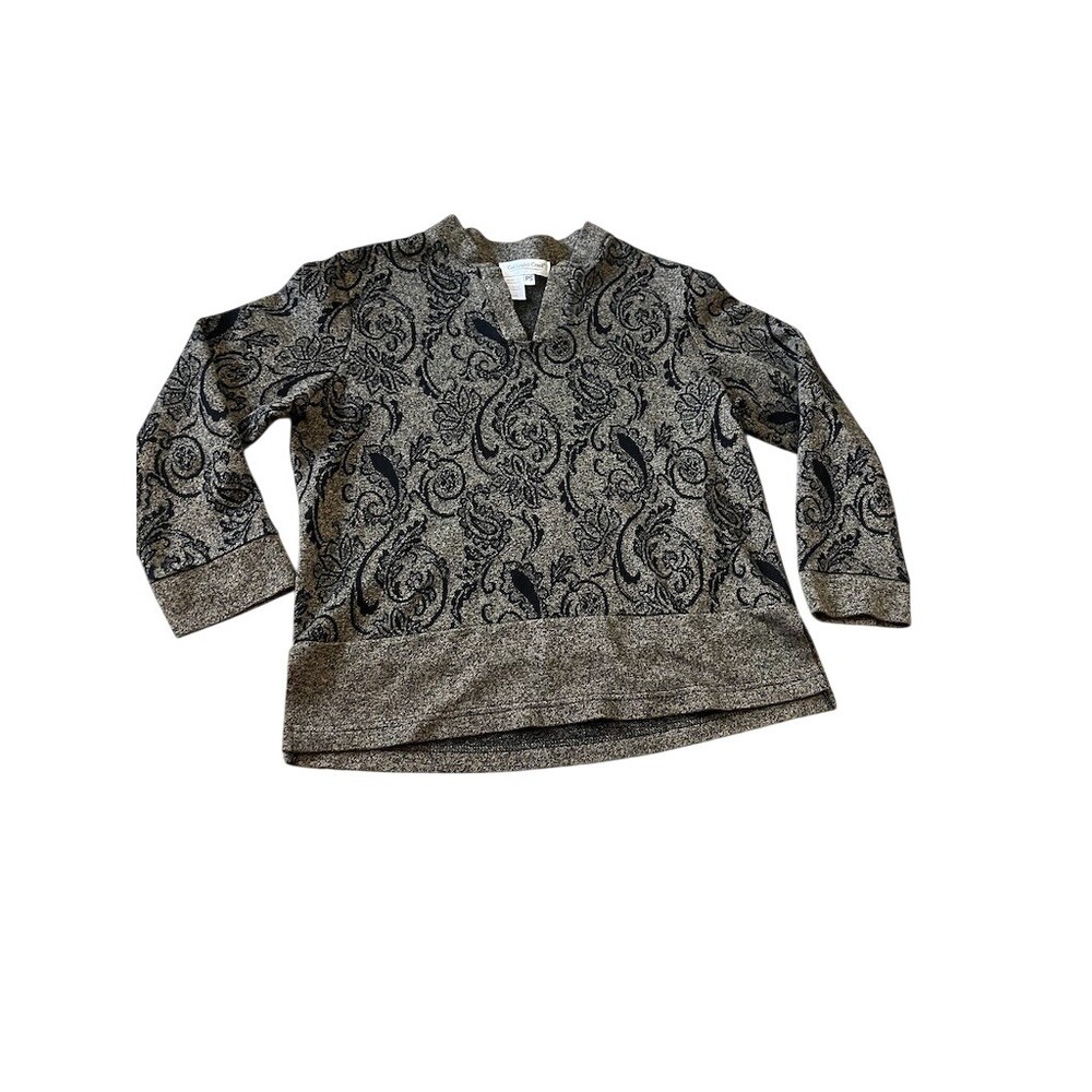 Coldwater Creek Sweater Womens Petite Small Gray Black Paisley V-Neck Knit